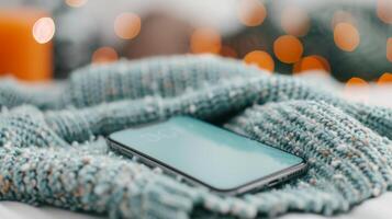 Smartphone Resting on Cozy Knitted Blanket With Warm Lights in Background photo