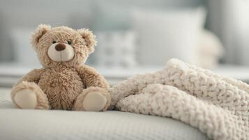 Cozy Teddy Bear on Bed Surrounded by Soft Lighting and Blurred Ornaments photo