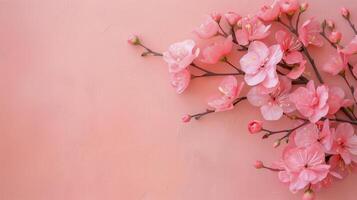 Cherry Blossom Bouquet in White Pot Against Pink Background photo