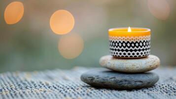 Tranquil Candle Display With Stones and Soft Bokeh Background at Dusk photo