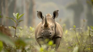 Rhinoceros Walking Through Misty African Savannah at Dawn photo