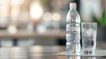 Clear Glass of Water Next to Plastic Bottle on Table With Blurred Background at Cafe photo
