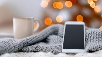 Smartphone Resting on Cozy Knitted Blanket With Warm Lights in Background photo