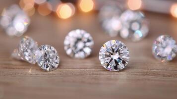 Sparkling Round Diamonds on a Wooden Surface With Twinkling Lights in the Background photo