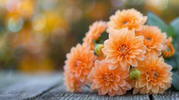 Vibrant Orange Flowers in Rustic Pot on Wooden Table Outdoors photo
