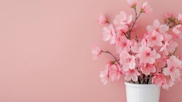 Cherry Blossom Bouquet in White Pot Against Pink Background photo