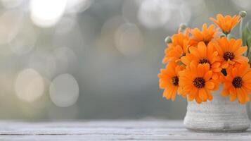 Vibrant Orange Flowers in Rustic Pot on Wooden Table Outdoors photo