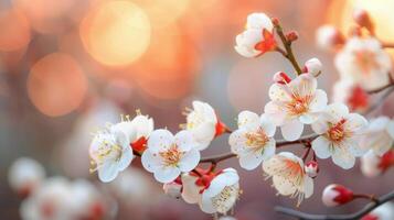 Cherry Blossoms Blooming in Springtime Against a Soft Colorful Background photo