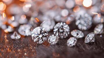 Sparkling Round Diamonds on a Wooden Surface With Twinkling Lights in the Background photo