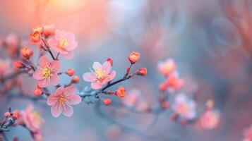 Cherry Blossoms Blooming in Springtime Against a Soft Colorful Background photo