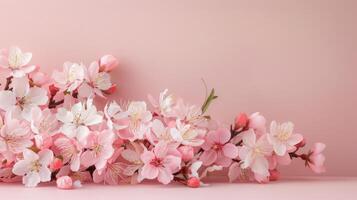 Cherry Blossom Bouquet in White Pot Against Pink Background photo