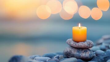 Tranquil Candle Display With Stones and Soft Bokeh Background at Dusk photo