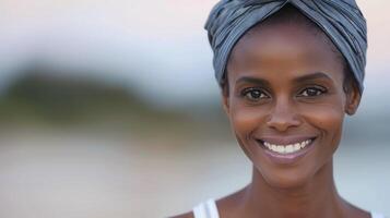 Smiling Woman With Headscarf at Beach During Sunset photo