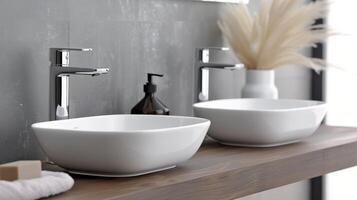 Modern Bathroom Design With White Square Sink Basins and Sleek Faucets photo