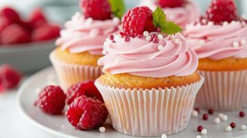 Delicious Raspberry Cupcakes With Pink Frosting on a White Plate photo