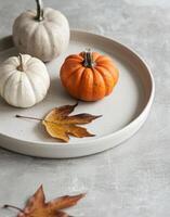 Autumn Pumpkins and Maple Leaves on Neutral Plate Decor photo