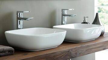 Modern Bathroom Design With White Square Sink Basins and Sleek Faucets photo