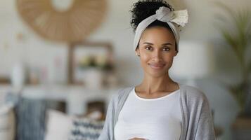 Expecting Mother Smiling in Cozy Living Room With Stylish Decor photo