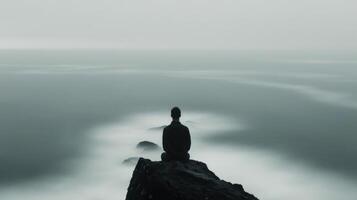 Person Meditating on a Rock Overlooking a Foggy Ocean at Dusk photo
