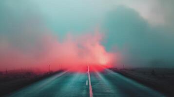 Mysterious Foggy Road With Distant Lights at Dawn in a Winter Landscape photo