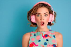 Happy Child With Headphones Enjoying Music Against a Colorful Background photo