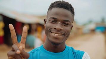 Young Man Smiling Against a Blue Wooden Wall in Daylight photo
