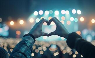 Hands Forming Heart Gesture at a Concert in Vibrant Night Lights photo
