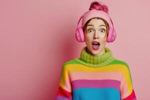 Young Woman in Colorful Sweater Surprised With Headphones Against Pink Polka-Dot Background photo