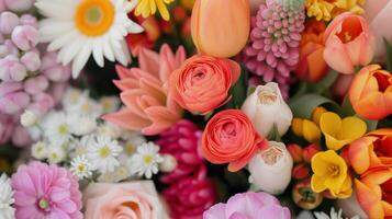 Vibrant Floral Arrangement Featuring Diverse Blooms in Pastel and Bright Colors photo