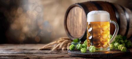 Golden Beer Mug With Frothy Head by Wooden Barrel on Rustic Table photo