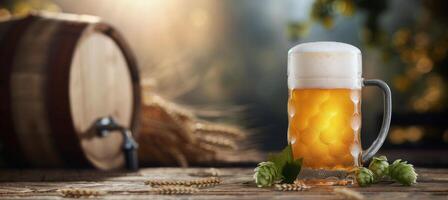 Golden Beer Mug With Frothy Head by Wooden Barrel on Rustic Table photo