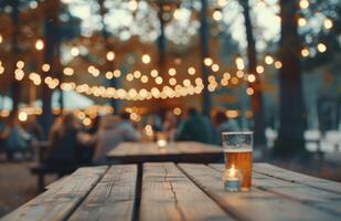Evening Gathering at a Forest Beer Garden With Warm Lights and Refreshing Drinks photo