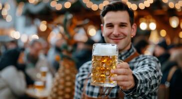 Young Man Holding Beer Mug at Festive Market During Evening Hours photo