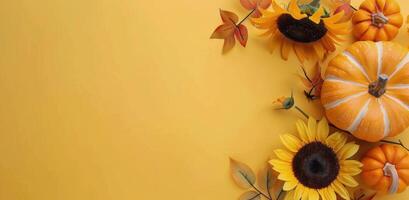 Autumn Floral Arrangement With Sunflowers and Pumpkins on Yellow Background photo