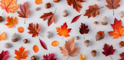 Colorful Autumn Leaves and Acorns on White Background in Natural Arrangement photo