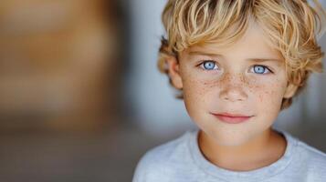 Boy With Stunning Blue Eyes and Freckles in Soft Natural Light photo
