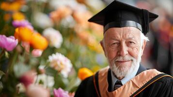 Elderly Judge Smiling Amidst Colorful Flowers in a Garden photo