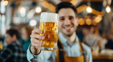 Young Man Holding Beer Mug at Festive Market During Evening Hours photo