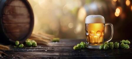 Golden Beer Mug With Frothy Head by Wooden Barrel on Rustic Table photo