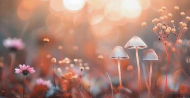 Mushroom and Flowers in Autumn Forest With Warm Sunlight photo