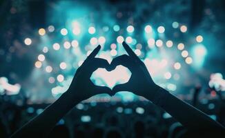 Hands Forming Heart Gesture at a Concert in Vibrant Night Lights photo