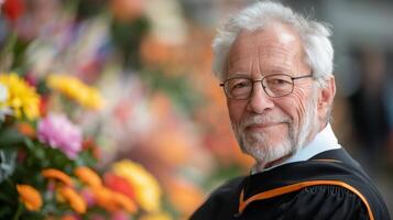 Elderly Judge Smiling Amidst Colorful Flowers in a Garden photo
