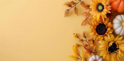 Autumn Floral Arrangement With Sunflowers and Pumpkins on Yellow Background photo