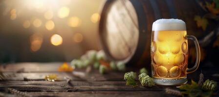 Golden Beer Mug With Frothy Head by Wooden Barrel on Rustic Table photo
