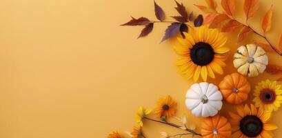 Autumn Floral Arrangement With Sunflowers and Pumpkins on Yellow Background photo