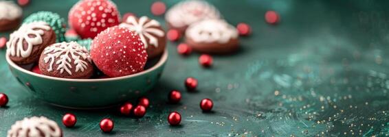 Festive Colorful Cookies With Powdered Sugar on a Textured Green Surface photo