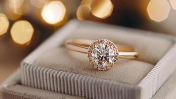 Elegant Diamond Engagement Ring on Plush Display Box With Soft Background Lights photo