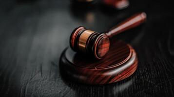 Judges Gavel Strikes Down Decision in Courtroom Setting photo