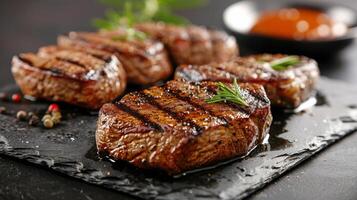 Grilled Steak Pieces on Slate Plate With Sauce and Spices photo