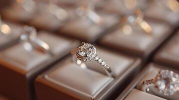 Elegant Diamond Engagement Ring on Plush Display Box With Soft Background Lights photo